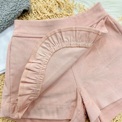  Conj. Colete de Pelinho, Blusa Gola Bordada Rosinhas e Short Veludo Canelado - Cinza e Rosa